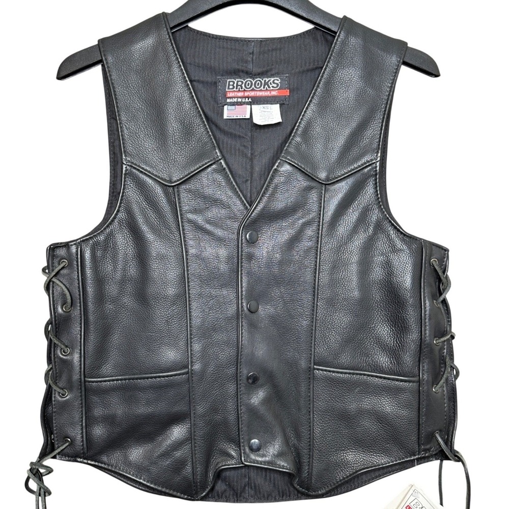 Vintage Brooks Detroit Leather Biker Vest NWT/NOS Mens XS Sportswear Black Heavy